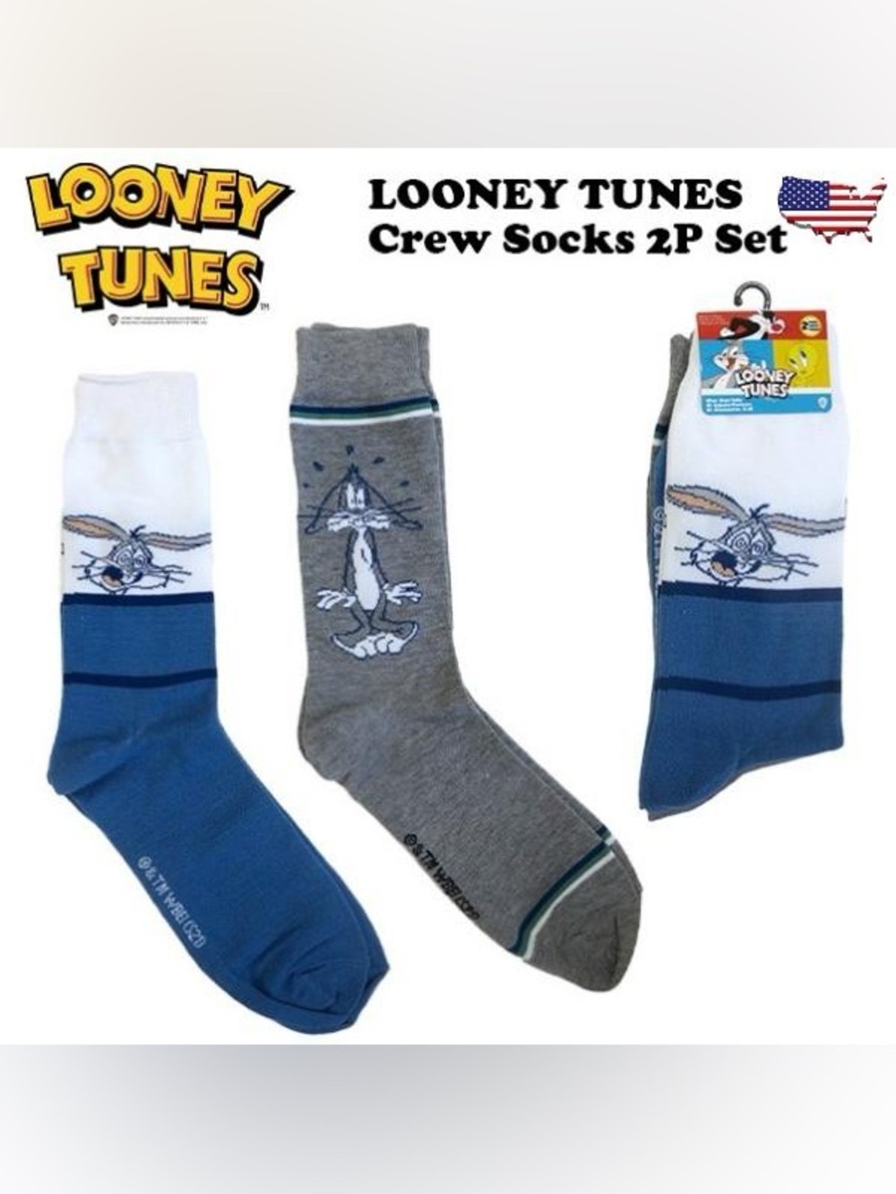 Looney Tunes Officially Licensed 2-Pack of Men’s Crew Socks - Shoe Size 6-12